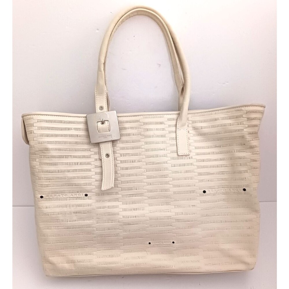Renato Angi Italy  Vanilla Ivory Leather Tote Brushed Silver Buckle Straps 16X11